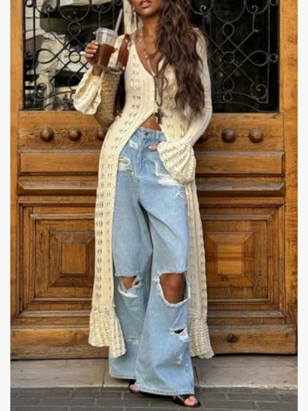 Long Cardigan Sweater Crochet Hollow Out Duster Cover Up Maxi Dress - Picture 3 of 7